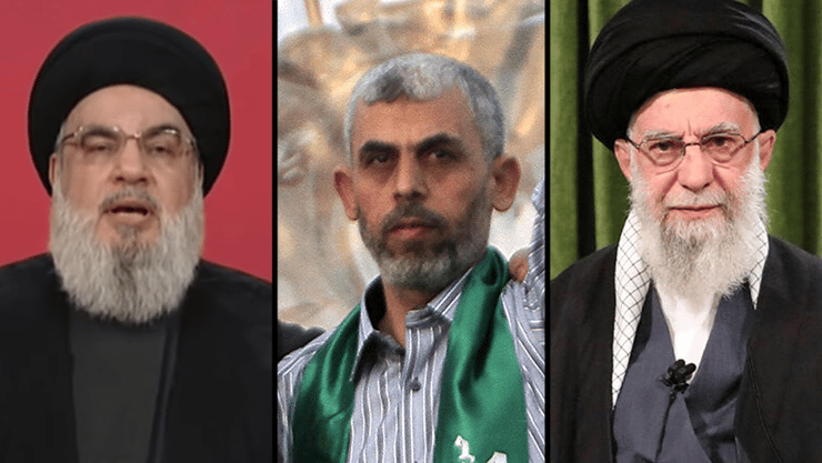 "תמיכה בישראל נגד איראן, חמאס וחיזבאללה - מעשה של שימור עצמי" (צילום: AFP / HO / KHAMENEI.IR) עלי חמינאי, יחיא סינוואר, חסן נסראללה