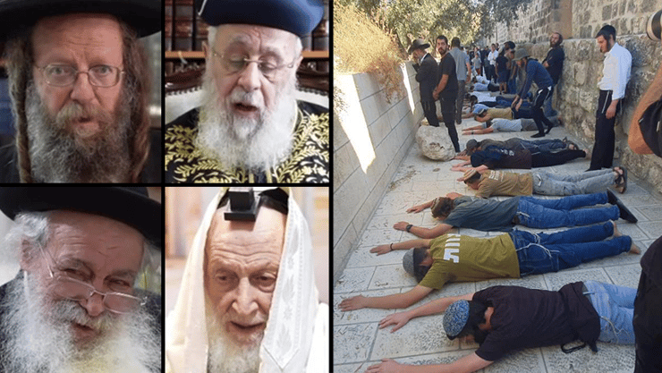 מימין, חרדים מתפללים בהר הבית. משמאל, הרבנים שמשתתפים בקמפיין נגד העלייה להר הבית (צילום: ארנון סגל) קמפיין רבנים