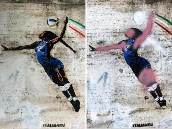 לפני ואחרי: ציור הקיר של אגונו (צילום: מתוך X) לפני ואחרי: ציור הקיר של אגונו