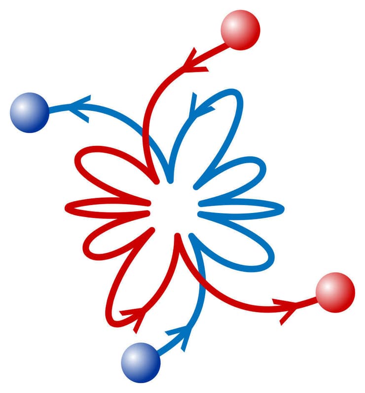ריקוד החלקיקים המתנגשים: תרשים המציג את המסלול של היון והאטום לאחר ההתנגשות (איור: מסע הקסם המדעי, מכון ויצמן למדע) ריקוד החלקיקים המתנגשים: תרשים המציג את המסלול של היון והאטום לאחר ההתנגשות