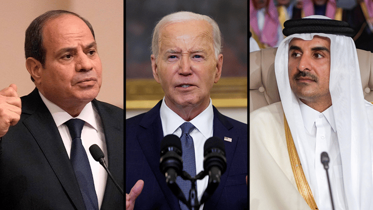 ביידן ומנהיגי קטאר ומצרים. האמריקנים משתהים עם הצעת גישור (צילום: AFP / Christophe Ena / POOL / רויטרס / REUTERS / Evelyn Hockstein) תמים בן חמד אל-ת'אני ג'ו ביידן א-סיסי