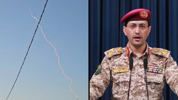 דובר החות'ים יחיא סריע ותיעוד משיגור מיירט לעבר הטיל בוקר ראשון יחיא סריע