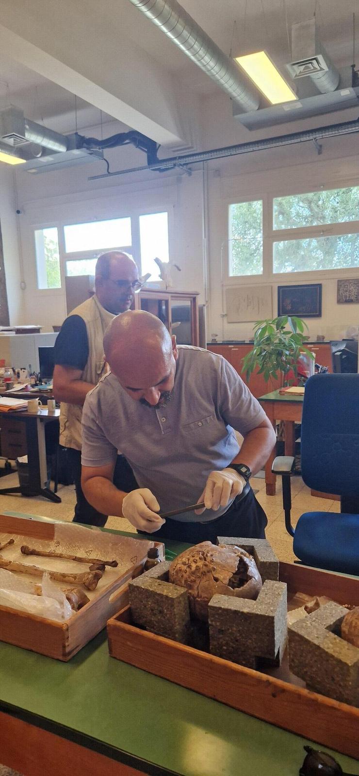 צוות המחקר בודק שן משלד במוזיאון לאנתרופולוגיה פרהיסטורית במונקו