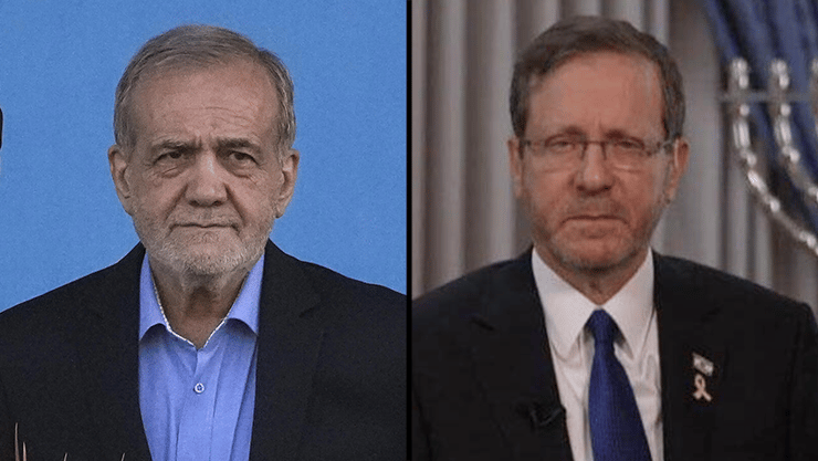 "הגנרלים שלו יושבים בחדרי השליטה של חמאס, הג'יהאד, חיזבאללה והחות'ים". הרצוג ופזשכיאן (צילום: CNBC, AP Photo/Vahid Salemi) יצחק הרצוג, מסעוד פזשכיאן
