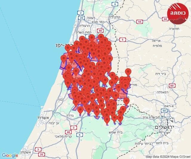 מפת האזעקות מהטיל ששוגר מתימן