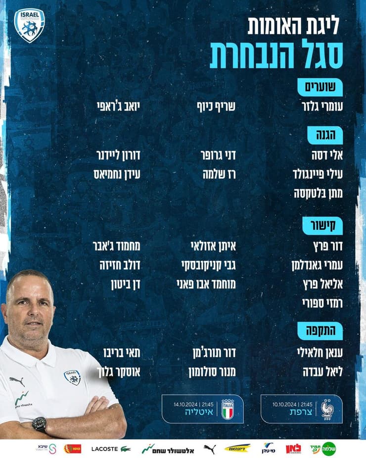 סגל נבחרת ישראל לצרפת ואיטליה