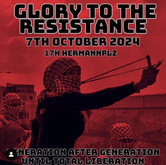 הזמנה להפגנה פרו-פלסטינית בברלין ב-7 באוקטובר