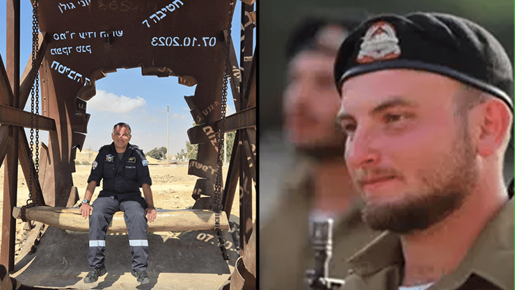 מימין: סמ"ר עידו הרוש ז"ל. משמאל: יניב הרוש על הפסל שהוכן לזכר בנו (צילום: דובר צה"ל) יניב הרוש על הפסל שהוכן לזכר בנו