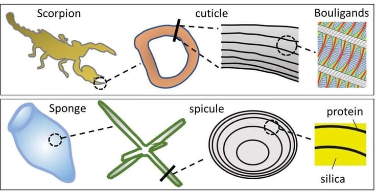 המבנים הרב-שכבתיים של שני מינים ביולוגיים שונים: הקוטיקולה (cuticle), השלד החיצוני של העקרב, והספיקולה (spicule), השלד הפנימי של ספוג הים (רמת התקריב בתרשים גדלה והולכת משמאל לימין)