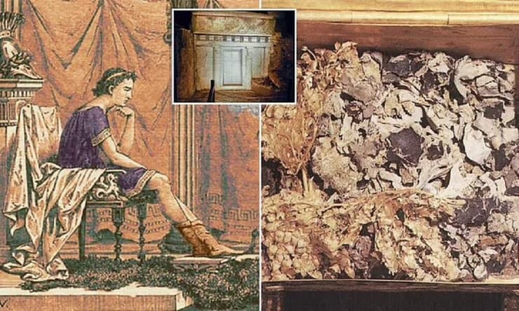 משמאל לימין: אלכסנדר מוקדון לבוש בטוניקה הסגולה, הקבר פיליפוס השלישי (אחיו למחצה של אלכסנדר מוקדון) ושרידי הטוניקה שזוהו כשייכים לאלכסנדר מוקדון