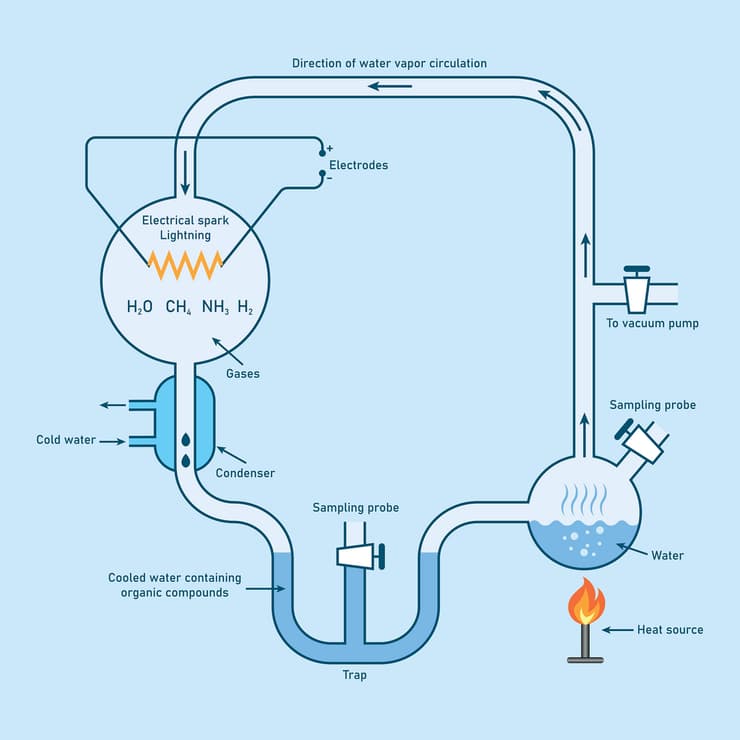 בניסוי המפורסם הקרוי על שמם הם שחזרו את אותו "מרק קדמון" שמייצג את הכימיה של הסביבה המימית והאטמוספרית של כדור הארץ הקדום. המערכת בניסוי מילר-יורי (איור: shutterstock) בניסוי המפורסם הקרוי על שמם הם שחזרו את אותו "מרק קדמון" שמייצג את הכימיה של הסביבה המימית והאטמוספרית של כדור הארץ הקדום. המערכת בניסוי מילר-יורי