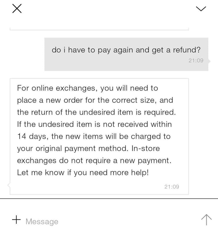 צ'אט עם זארה בנוגע להחלפת פריטים