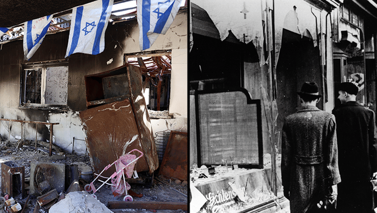 מימין: חלונות ראווה שנופצו בברלין בליל הבדולח, משמאל: הרס בניר עוז לאחר הטבח ב-2023