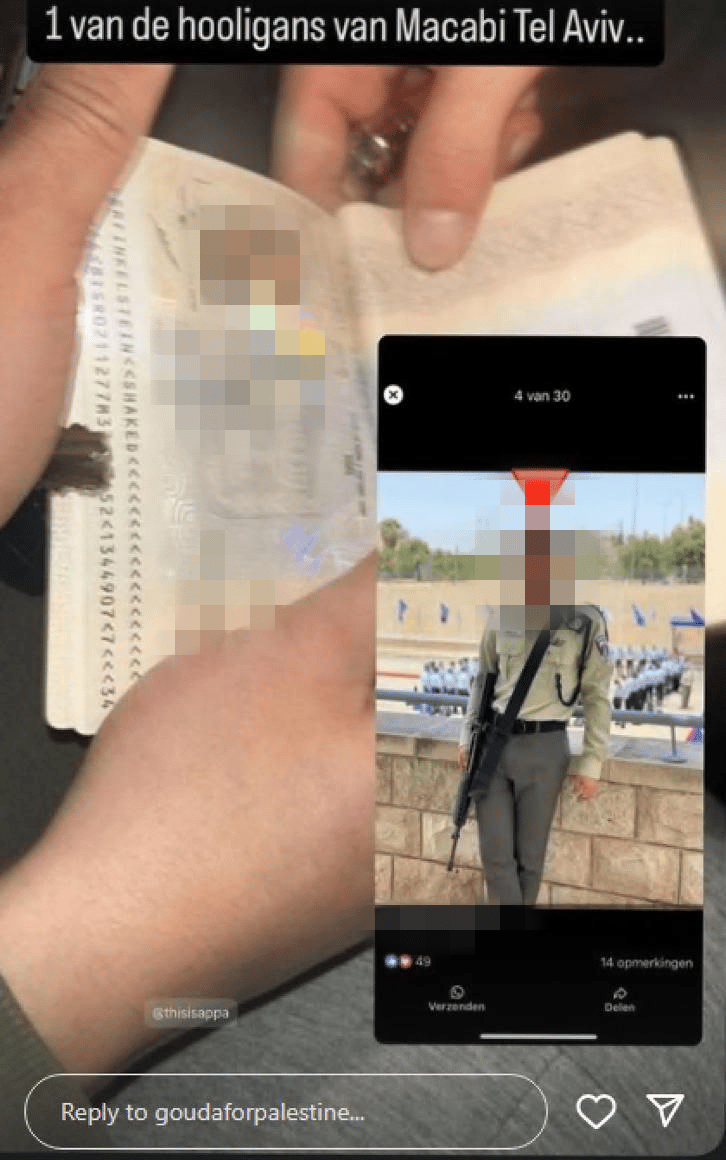 פרו פלסטינים פרסמו באינסטגרם תמונה של חייל אוהד מכבי שביקר באמסטרדם
