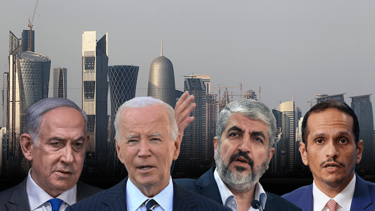אמיר קטאר מוחמד א-ת'אני, בכיר חמאס חאלד משעל, נשיא ארצות הברית ג'ו ביידן וראש הממשלה בנימין נתניהו, על רקע דוחא בירת קטאר (צילום: AP, חיים גולדברג פלאש90, Ludovic MARIN / AFP, AP Photo/Osama Faisal, File, SAUL LOEB / AFP) מוחמד א-תאני, חאלד משעל, ג'ו ביידן, בנימין נתניהו, דוחא קטאר