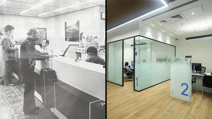 אז והיום: סניף בנק עכשווי - לעומת סניף בשנות ה-70 (קרדיט: ארכיון לאומי, קרדיט צילום: דרור סיתהכל) הסניף העכשווי לצד הסניף בשנות ה-70