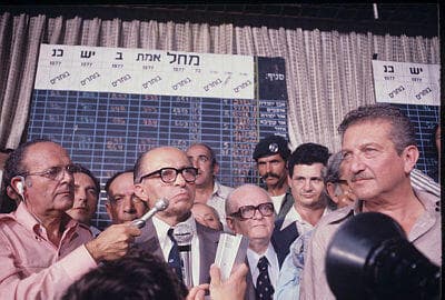 בגין נואם לאחר הניצחון בליל הבחירות 1977