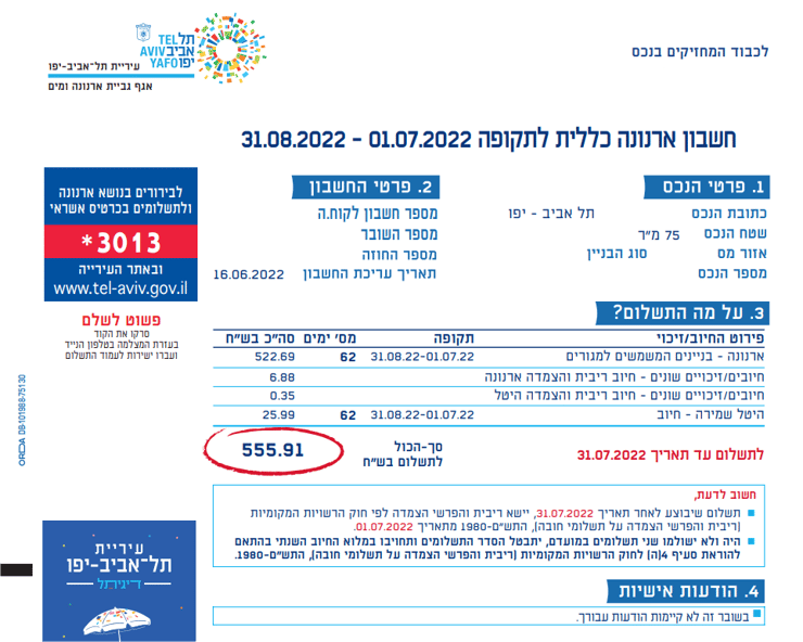 חשבון ארנונה מצונזר, עיריית תל אביב-יפו