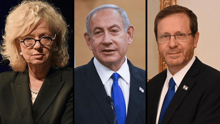 הרצוג יעניק חנינה? כרגע הוא בעד עסקת טיעון. ומה חושבת בהרב-מיארה? (צילום:רפי קוץ, חיים צח, לע"מ, יואב דודקביץ) בנימין נתניהו ,אסתר חיות, הנשיא יצחק בוז'י הרצוג