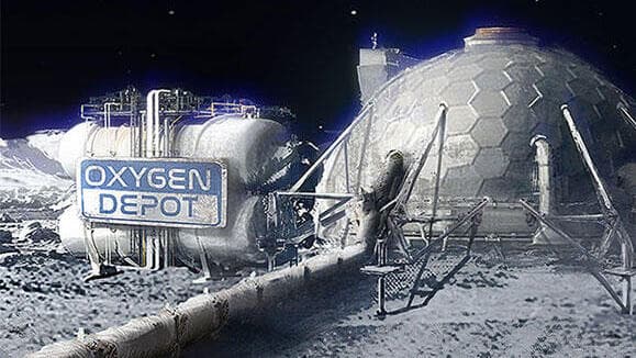 בכל פעילות בחלל חמצן הוא משאב חיוני. הדמיית מפעל לייצור ואחסון של חמצן על הירח, עם חללית סטארשיפ
