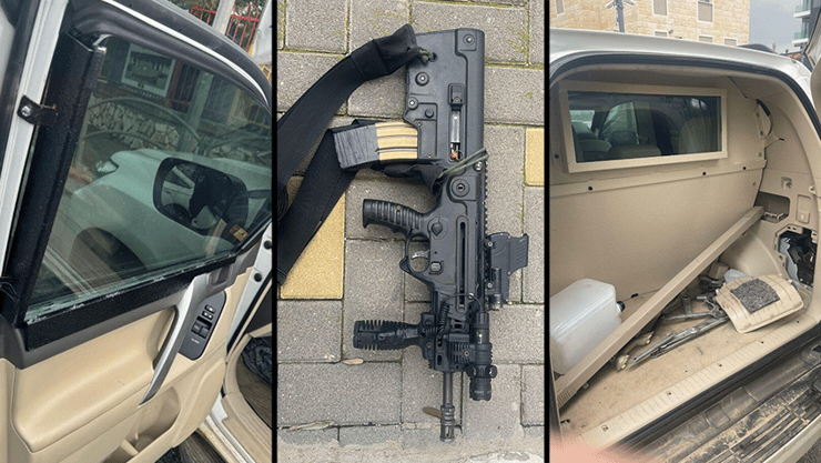 הרכב הממוגן שבו נסע לטיף אבו לטיף, ונשק התבור שנתפס (צילום: דוברות המשטרה) משטרת ישראל עצרה ראש ארגון פשע בנוף הגליל