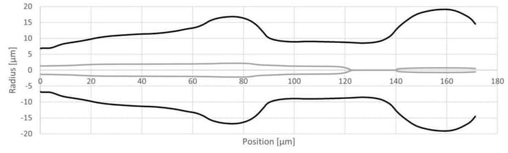 מבנה הלוע הממודל. קווי המתאר שלו – צינור בעל שתי בליטות, בשחור – והפתיחה המירבית של חלל פנים הלוע בנקודות שונות לאורך הגרון, באפור