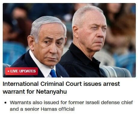 כותרת ה-CNN, הערב. "תקדים היסטורי" סיקור בעולם צו מעצר בינלאומי בית הדין ב האג נגד בנימין נתניהו ו יואב גלנט CNN
