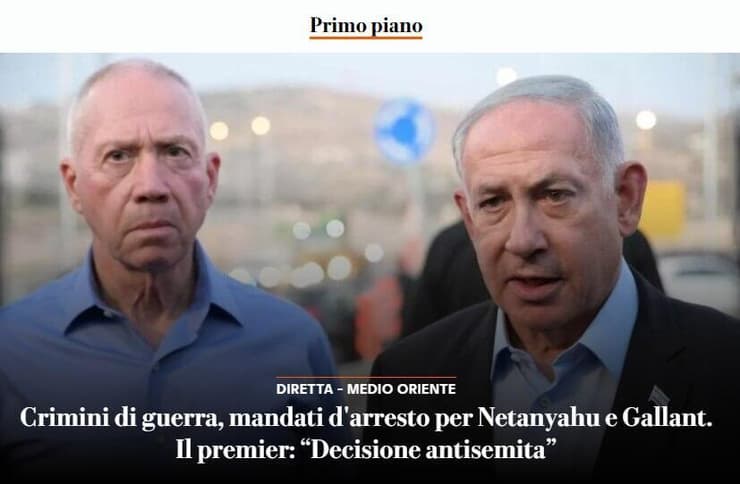 בראש הכותרות ב"לה רפובליקה" האיטלקי. "נתניהו: 'זו החלטה אנטישמית'" סיקור בעולם צו מעצר בינלאומי בית הדין ב האג נגד בנימין נתניהו ו יואב גלנט לה רפובליקה