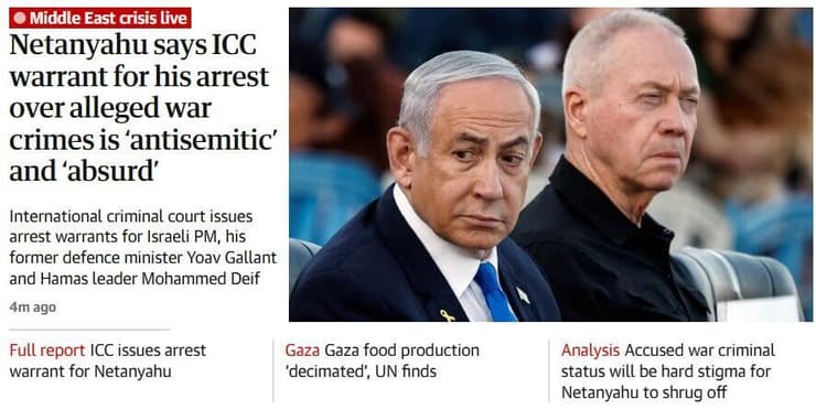עמוד השער של ה"גרדיאן" הבריטי, הביקורתי מאוד כלפי ישראל. "סטיגמה שממנה קשה להתנער" סיקור בעולם צו מעצר בינלאומי בית הדין ב האג נגד בנימין נתניהו ו יואב גלנט גרדיאן