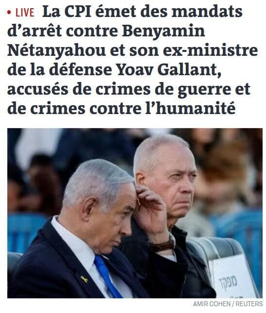 כותרת עמוד השער של "לה מונד" בצרפת סיקור בעולם צו מעצר בינלאומי בית הדין ב האג נגד בנימין נתניהו ו יואב גלנט לה מונד