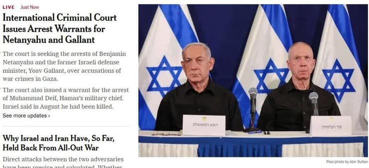 הדיווח בראש ה"ניו יורק טיימס". נתניהו באותה קטגוריה של פוטין וקדאפי סיקור בעולם צו מעצר בינלאומי בית הדין ב האג נגד בנימין נתניהו ו יואב גלנט ניו יורק טיימס
