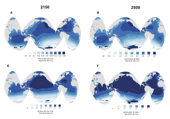 A-B: גובה פני המים בשנת 2150 ובשנת 2500 לפי מודל התחממות מתונה; E-F: גובה פני המים לפי מודל התחממות מהירה. חיזוי השינויים במפלס האוקיינוסים עקב אובדן הקרחונים באנטארקטיקה (איור: מתוך Gomez et al) A-B: גובה פני המים בשנת 2150 ובשנת 2500 לפי מודל התחממות מתונה; E-F: גובה פני המים לפי מודל התחממות מהירה. חיזוי השינויים במפלס האוקיינוסים עקב אובדן הקרחונים באנטארקטיקה
