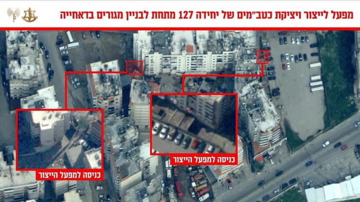 אינפוגרפיקה מפעל לייצור ויציקת כטב״מים של היחידה האווירית 127 של חיזבאללה מתחת לבניין מגורים בדאחייה