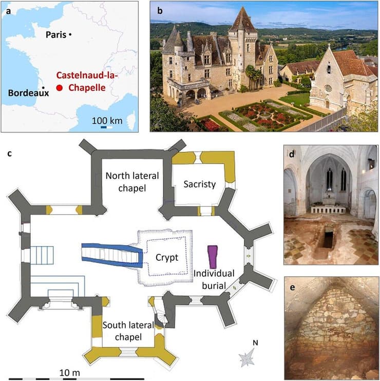 טירת שאטו דה מילנדס בצרפת, מיקומה על המפה והקריפטה שבה התגלו שרידי הפרטים ממשפחת האצולה הצרפתית קאומון, אשר נחנטו במשך כמעט 200 שנה (צילום: F. Mandon, Scientific Reports) טירת שאטו דה מילנדס בצרפת, מיקומה על המפה והקריפטה שבה התגלו שרידי הפרטים ממשפחת האצולה הצרפתית קאומון, אשר נחנטו במשך כמעט 200 שנה