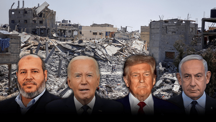 המגעים לעסקת חטופים: ביידן וטראמפ דוחפים, חמאס מתבצר והקבינט מתמהמה (צילום: רויטרס / REUTERS / Mohammed Salem / Erin Schaff /Pool , אלכס קולומויסקי, AP / Carlos Osorio) הרס ברצועת עזה