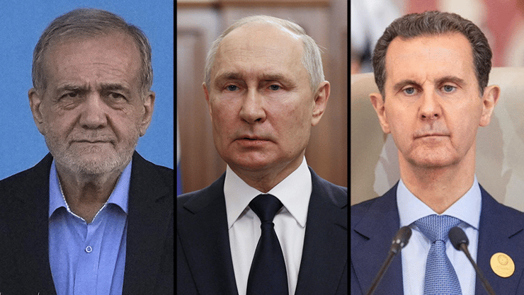 אסד, פוטין ונשיא איראן פזשכיאן (צילום: AP Photo/Vahid Salemi, AFP, רויטרס/Saudi Press Agency/Handout) בשאר אל-אסד, ולדימיר פוטין, מסעוד פזשכיאן