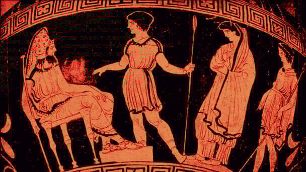 פתח ללבטים על הנאמנות לעם ולממלכה לעומת הנאמנות המשפחתית. כד חרס עם ציור מתוך "אנטיגונה" yk14172482