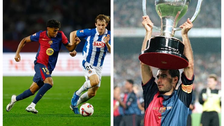 פפ גוארדיולה מניף את גביע האליפות של עונת 99/00, ולאמין ימאל עם המדים שעוצבו בהשראת אותה עונה