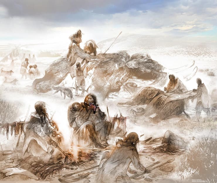 שחזור של חיי בני תרבות קלוביס לפני 13 אלף שנים, כולל התינוק Anzick-1 שיונק חלב מאימו, ברקע ציד ממותה