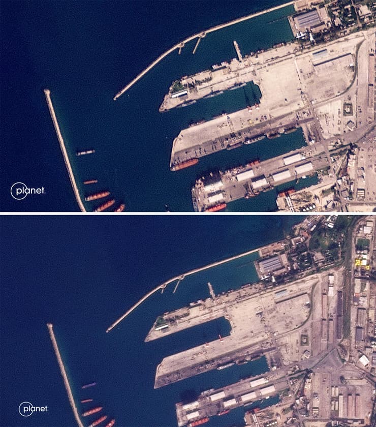 למעלה: ספינות הצי הרוסי בבסיס בטרטוס ב-3/12. למטה: הבסיס ללא כלי השיט ב-9/12