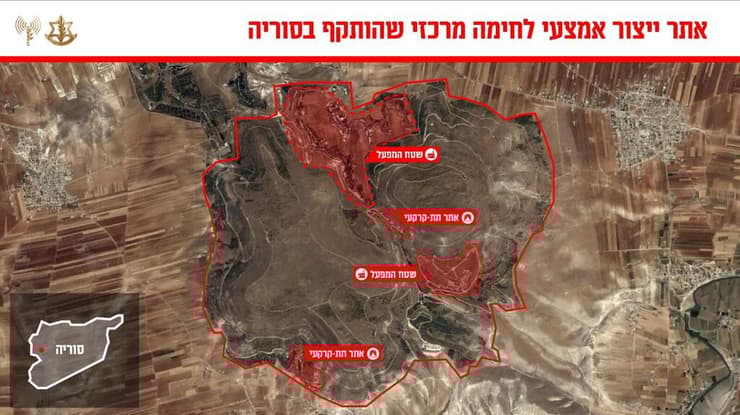 אינפוגרפיקה מטרות שהותקפו בסוריה, בניהן  בסיסי חיל האוויר הסורי, אתרי ייצור ומשגרים של טילי קרקע-אוויר - מבצע חץ הבשן