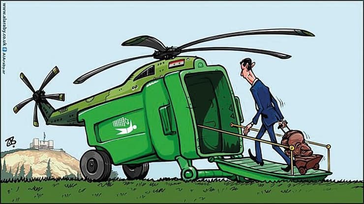 קריקטורה של שושלת אסד צועדת לתוך פח האשפה של ההיסטוריה