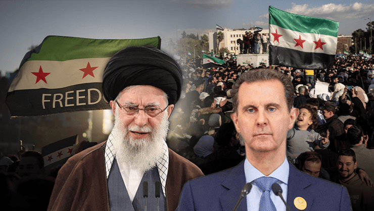 מנהיג איראן חמינאי והרודן הסורי המודח אסד. טהרן איבדה את הנכס האסטרטגי בדמשק (צילום: Chris McGrath/Getty Images, רויטרס/Saudi Press Agency/Handout/Reuters, AFP) דמשק סורים חוגגים לאחר הדחת נשיא בשאר אל אסאד