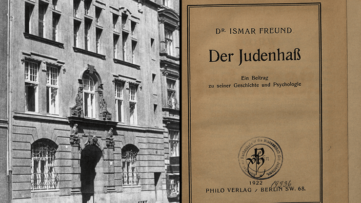 אחד מהספרים שנבזזו, והמבנה שבו פעלה ספריית בית המדרש הגבוה למדעי היהדות בברלין (צילום: מכון ליאו בק ירושלים) אחד מהספרים שנבזזו, והמבנה שבו פעלה ספריית בית המדרש הגבוה למדעי היהדות בברלין