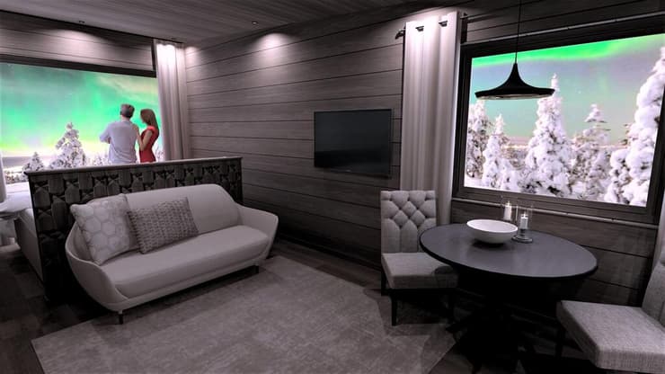 בקתה עם נוף לזוהר הצפוני (הדמייה באדיבות קשרי תעופה) המלון של קשרי תעופה בלפלנד הפינית