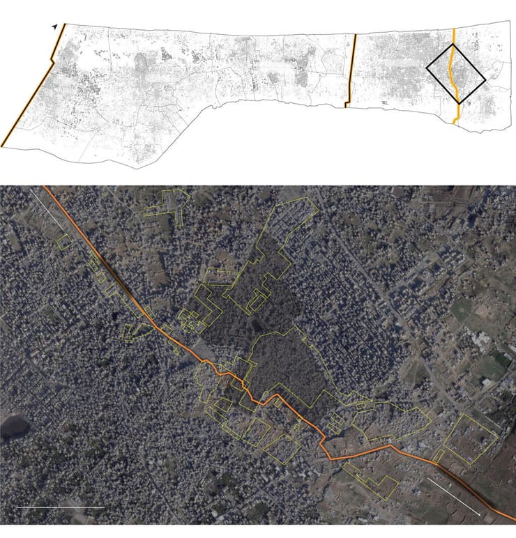 צילומי לוויין של ג'באליה. באמצע: ציר צבאי אפשרי חדש שנוצר (צילום: Planet Labs) צילומי לוויין של ציר שמקים צה"ל בצפון הרצועה שפורסמו בוושינגטון פוסט
