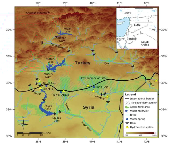 מפה שממחישה את ההשפעה של טורקיה על משבר המים בסוריה