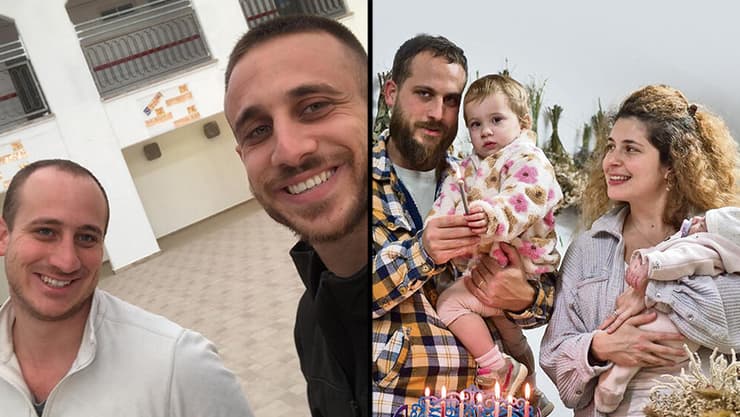 בתמונה הימנית: אורי, שיר, ארי ועמית סלוטקי מדליקים נרות חנוכה. בתמונה השמאלית: ישי (מימין) ונועם סלוטקי ז"ל (צילום: ירון שרון I אוסף פרטי) בתמונה הימנית: אורי, שיר, ארי ועמית סלוטקי מדליקים נרות חנוכה. בתמונה השמאלית: ישי (מימין) ונועם סלוטקי ז"ל