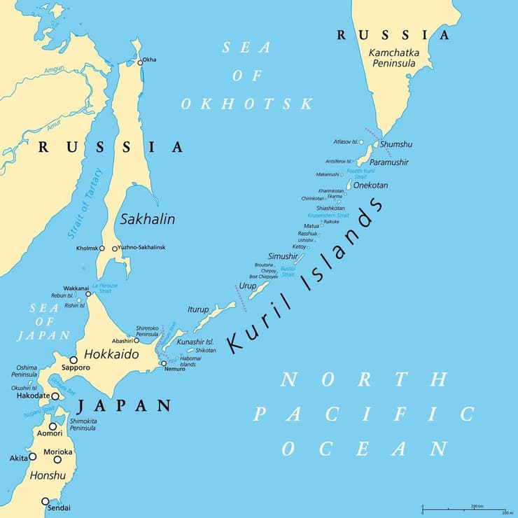 המיקום של האיים הקוריליים במפה, בין רוסיה ליפן (איור: Shutterstock) המיקום של האיים הקוריליים במפה, בין רוסיה ליפן