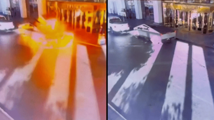 תיעוד פיצוץ מכונית טסלה סייברטראק ליד מלון טראמפ ב לאס וגאס ארה"ב